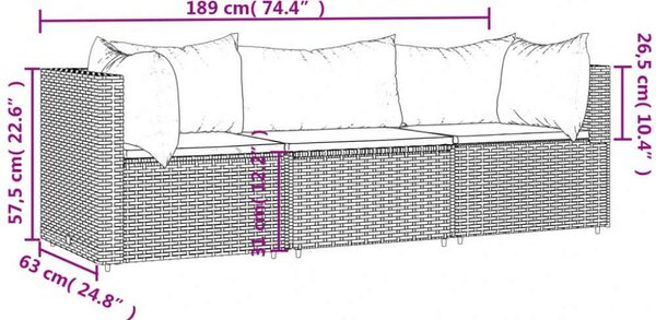 VidaXL 3 részes fekete polyrattan kerti ülőgarnitúra párnákkal