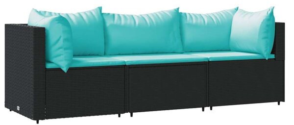 VidaXL 3 részes fekete polyrattan kerti ülőgarnitúra párnákkal