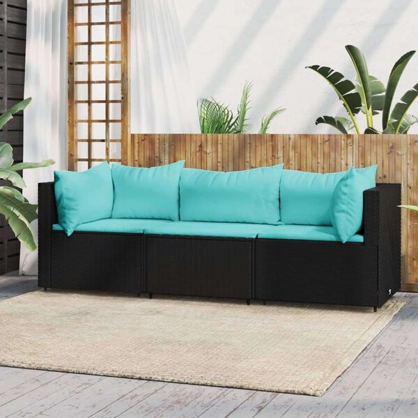 VidaXL 3 részes fekete polyrattan kerti ülőgarnitúra párnákkal