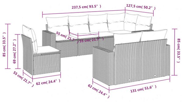 VidaXL Polyrattan Kerti Ülőgarnitúra - 8 részes - Fekete