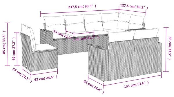 VidaXL Polyrattan Kerti Ülőgarnitúra - 8 részes - Fekete