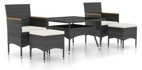 VidaXL 5 részes fekete polyrattan és edzett üveg kerti étkezőgarnitúra