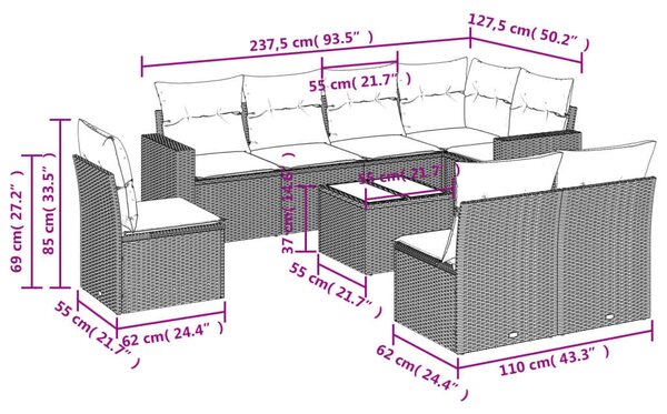 VidaXL Polyrattan Kerti Ülőgarnitúra - 9 részes - Bézs