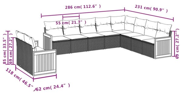 VidaXL Polyrattan Kerti Ülőgarnitúra - 10 részes - Szürke