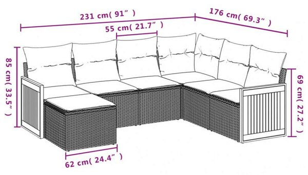 VidaXL 7 részes bézs polyrattan kerti ülőgarnitúra párnákkal