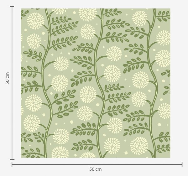 Tapéta Zöldes-szürke szárak, elefántcsontszínű bolyhos virágokkal és pöttyökkel, Virágok és növények tapétá, a00997v2 : Uwalls.hu