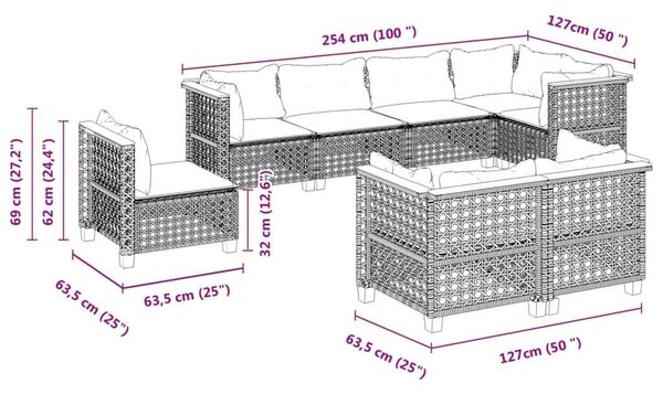 Polyrattan Kerti Ülőgarnitúra - 8 részes - Fekete