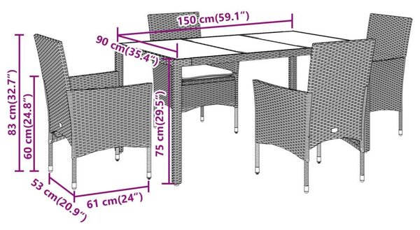VidaXL 5 Részes Kerti Étkezőgarnitúra - Fekete Polyrattan/Akácfa