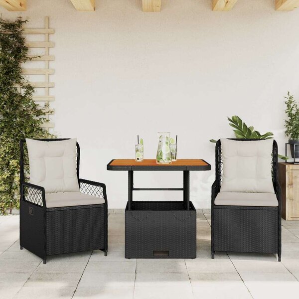 VidaXL Kerti Étkezőgarnitúra - 3 részes - Fekete Polyrattan