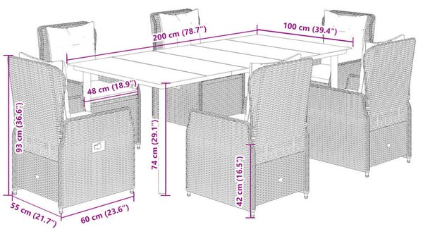 Polyrattan Kerti Étkezőgarnitúra - 7 részes - Fekete