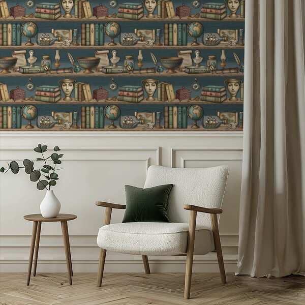 Tapéta Vintage polcok könyvekkel, földgömb és tengeri érdekességek, Tapétá vintage stílusban, a01036 : Uwalls.hu