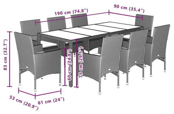 VidaXL Polyrattan Kerti Étkezőgarnitúra - 9 részes - Szürke
