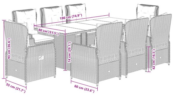 VidaXL 9 részes Kerti Étkezőgarnitúra - Fekete Polyrattan