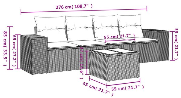 VidaXL 5 részes fekete polyrattan kerti kanapészett párnákkal