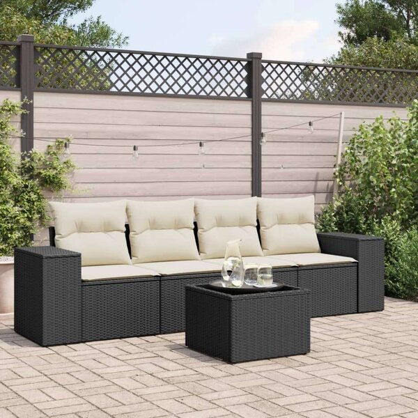 VidaXL 5 részes fekete polyrattan kerti kanapészett párnákkal