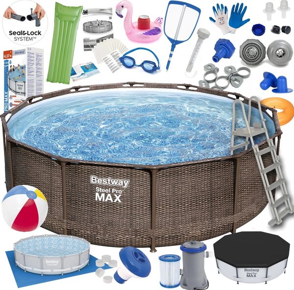 Rattan hatású fémvázas medence szett Bestway Steel Pro Max, 366x100cm 26in1