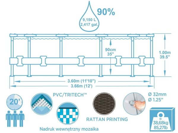 Rattan hatású fémvázas medence szett Bestway Steel Pro Max, 366x100cm 26in1