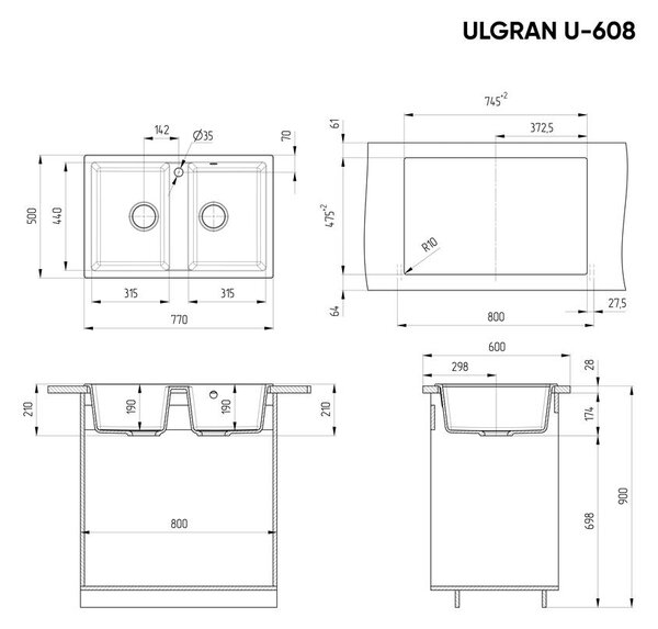Ulgran U-608-344 Gránit Mosogatótálca - Kétmedencés, Matt Fekete
