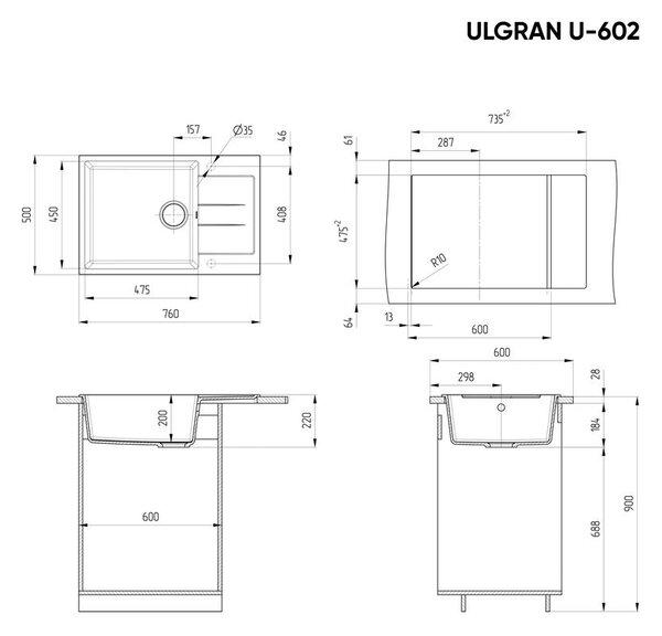 Ulgran U-602-309 Gránit Design Mosogatótálca - Csepegtetőtálcás, Gránit
