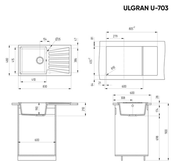 Ulgran U-703-341 Gránit Mosogatótálca - Extra mély, Csepegtetőtálcás, Tejfehér