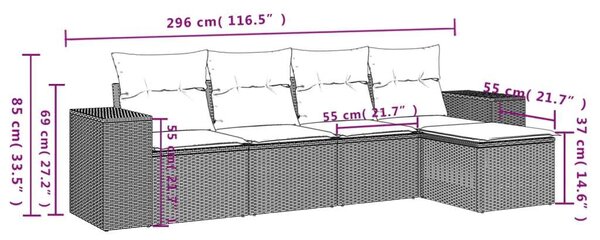 Polyrattan Kerti Kanapé 5 részes - Fekete