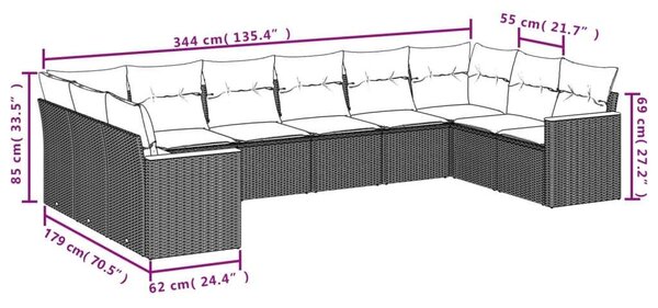 VidaXL 10 részes vegyes bézs polyrattan kerti ülőgarnitúra párnákkal