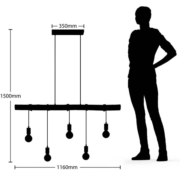 Lindby függőlámpa Rom, 5 lámpás, fa, kötél, fekete, 116 cm, dimmelhető, Világos fa, Nappali / Étkező, Fa, Modern