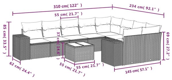 VidaXL Polyrattan Kerti Ülőgarnitúra - 10 részes - Fekete