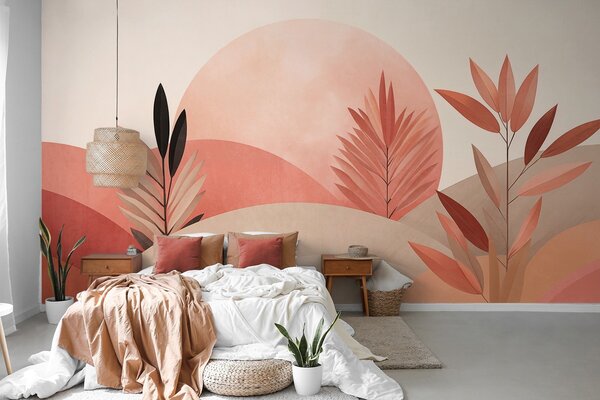 Fotótapéta Absztrakt boho tájkép, nap a dombok mögött, növények az előtérben, minimalista, texturált,, Fotótapéta absztrakt, w09608 : Uwalls.hu