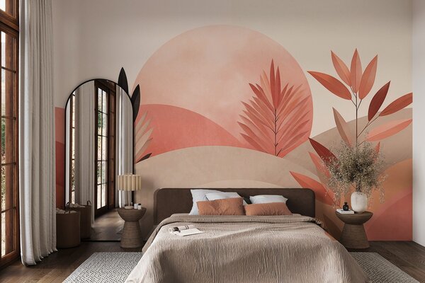 Fotótapéta Absztrakt boho tájkép, nap a dombok mögött, növények az előtérben, minimalista, texturált,, Fotótapéta absztrakt, w09608 : Uwalls.hu