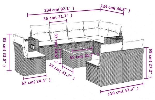 VidaXL Polyrattan Kerti Ülőgarnitúra - 9 részes - Fekete