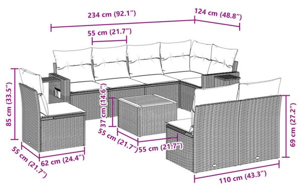VidaXL Polyrattan Kerti Ülőgarnitúra - 9 részes - Fekete