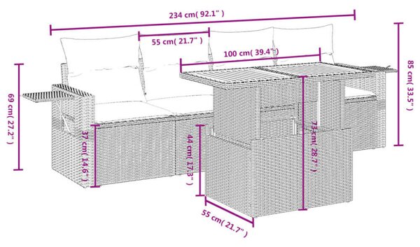 VidaXL 5 részes fekete polyrattan kerti kanapészett párnákkal