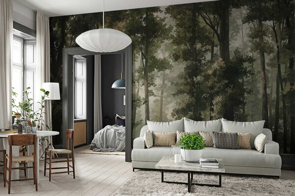 Fotótapéta Erdei illusztráció köddel, magas fákkal és ösvénnyel, Természet fotótapéta, w05089 : Uwalls.hu