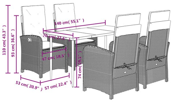 VidaXL 5 részes fekete polyrattan kerti étkezőgarnitúra párnákkal