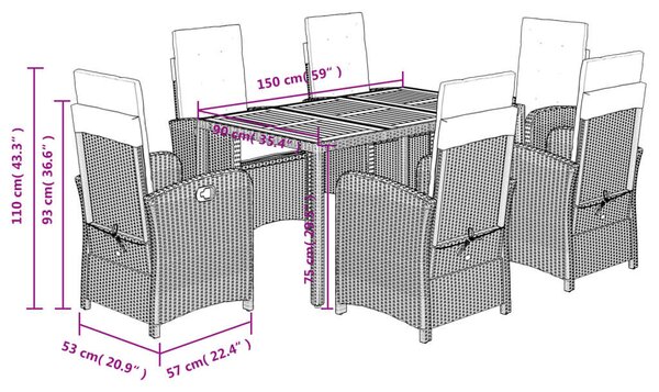 VidaXL 7 részes fekete polyrattan kerti étkezőgarnitúra párnával