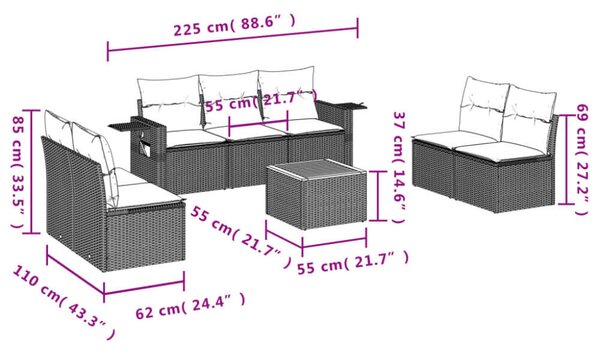 VidaXL Polyrattan Kerti Ülőgarnitúra - 8 részes - Fekete