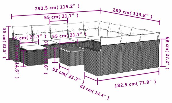 VidaXL Polyrattan Kerti Ülőgarnitúra - 13 részes - Fekete