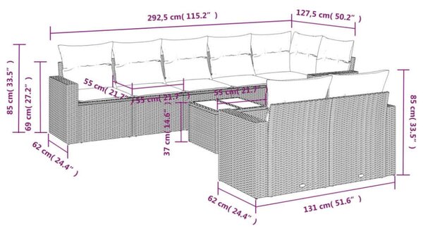 VidaXL Polyrattan Kerti Ülőgarnitúra - 9 részes - Fekete