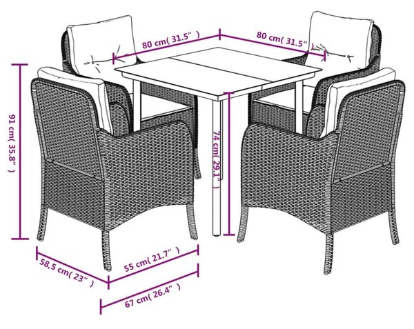 VidaXL 5 részes bézs polyrattan kerti étkezőgarnitúra párnákkal