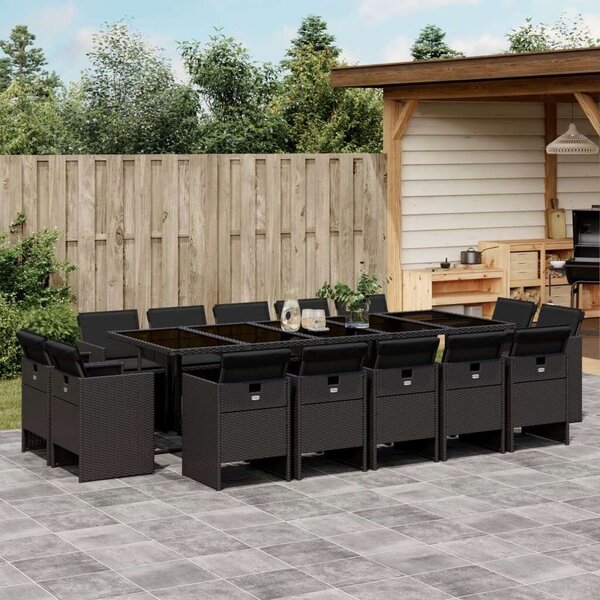 VidaXL 15 részes fekete polyrattan kerti étkezőgarnitúra párnákkal