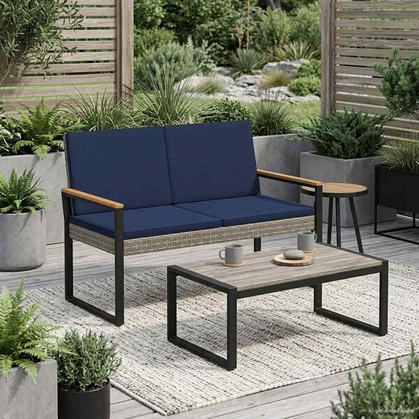VidaXL Kerti pad Szürke és sötétkék 107 x 61 x 80 cm polirattan