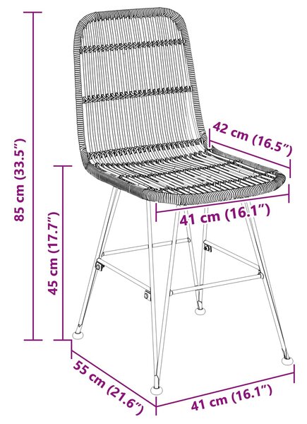 VidaXL Étkezőszék 2 pcs Természetes 41 x 55 x 85 cm Rattan és acél