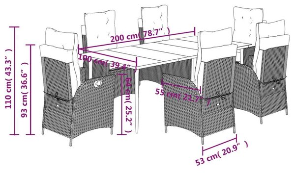 VidaXL - 7 Részes Kerti Étkezőgarnitúra - Polyrattan - Fekete