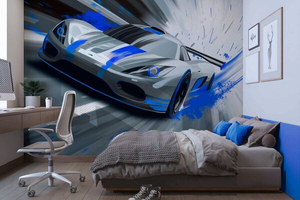 Fotótapéta dinamikus sportautó digitális rajzstílusban, kék díszítéssel, Fotótapéta egyedi, w05069 : Uwalls.hu