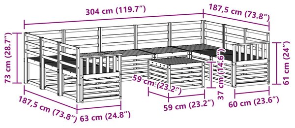 VidaXL Kültéri kanapé szett 10 pcs Fehér 59 x 59 x 37 cm Tömör Akácfa