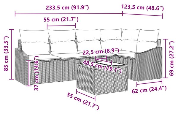 VidaXL Kanapé Szett párnával 6 pcs Fekete polirattan