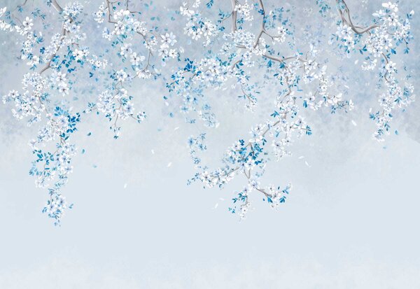 Fotótapéta Hűvös háttér előtt fehér és kék virágokkal díszített ágak, Fotótapéta erdő, Fotótapéta erdő fák, w05129v2 : Uwalls.hu