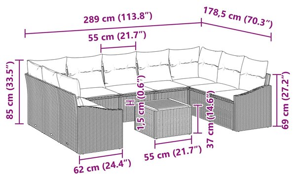 VidaXL Kerti Kanapé Szett párnával 10 pcs Fekete polirattan