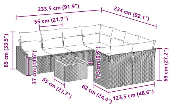 VidaXL Kerti Kanapé Szett párnával 9 pcs Fekete polirattan